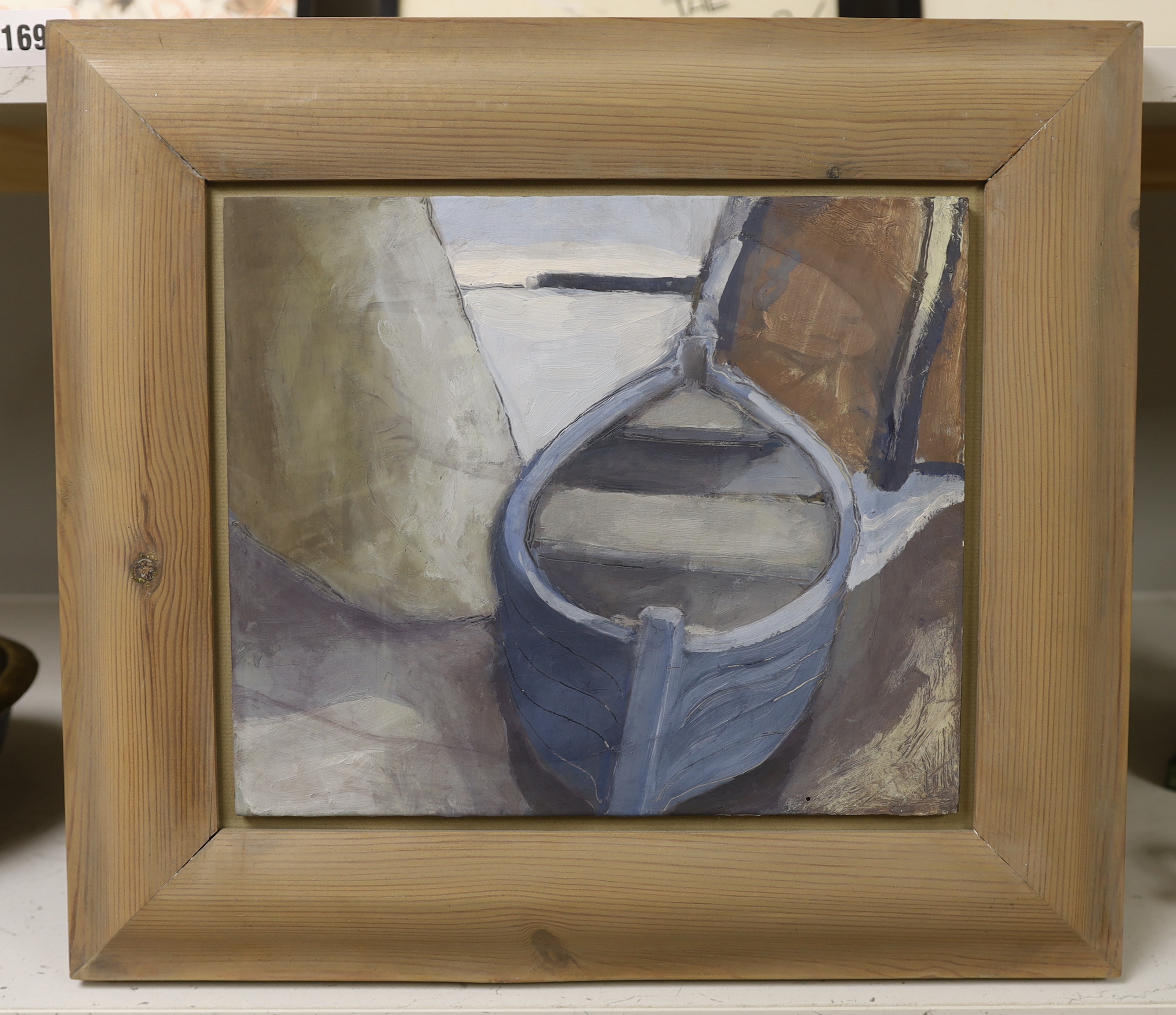 Sarah Lord (b.1964), oil on gesso, 'Blue boat between harbour walls', artist's labels verso, 23.5 x 28cm